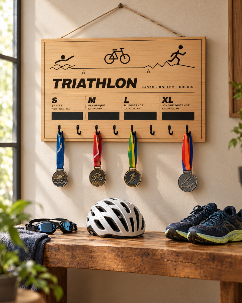 Tableau porte-médailles Triathlon en bois gravé au laser, Finisher Board (visuel d’ambiance) 1