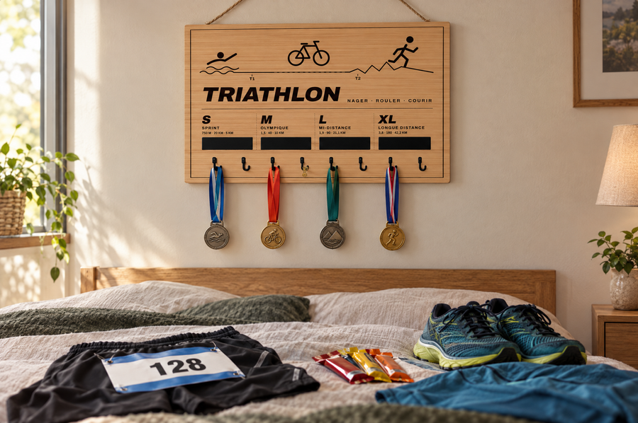 Tableau porte-médailles Triathlon en bois gravé au laser, Finisher Board (visuel d’ambiance) 4