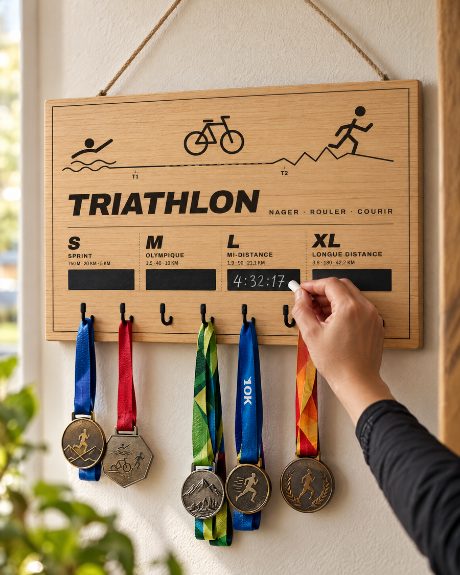 Tableau porte-médailles Triathlon en bois gravé au laser, Finisher Board (visuel d’ambiance) 5