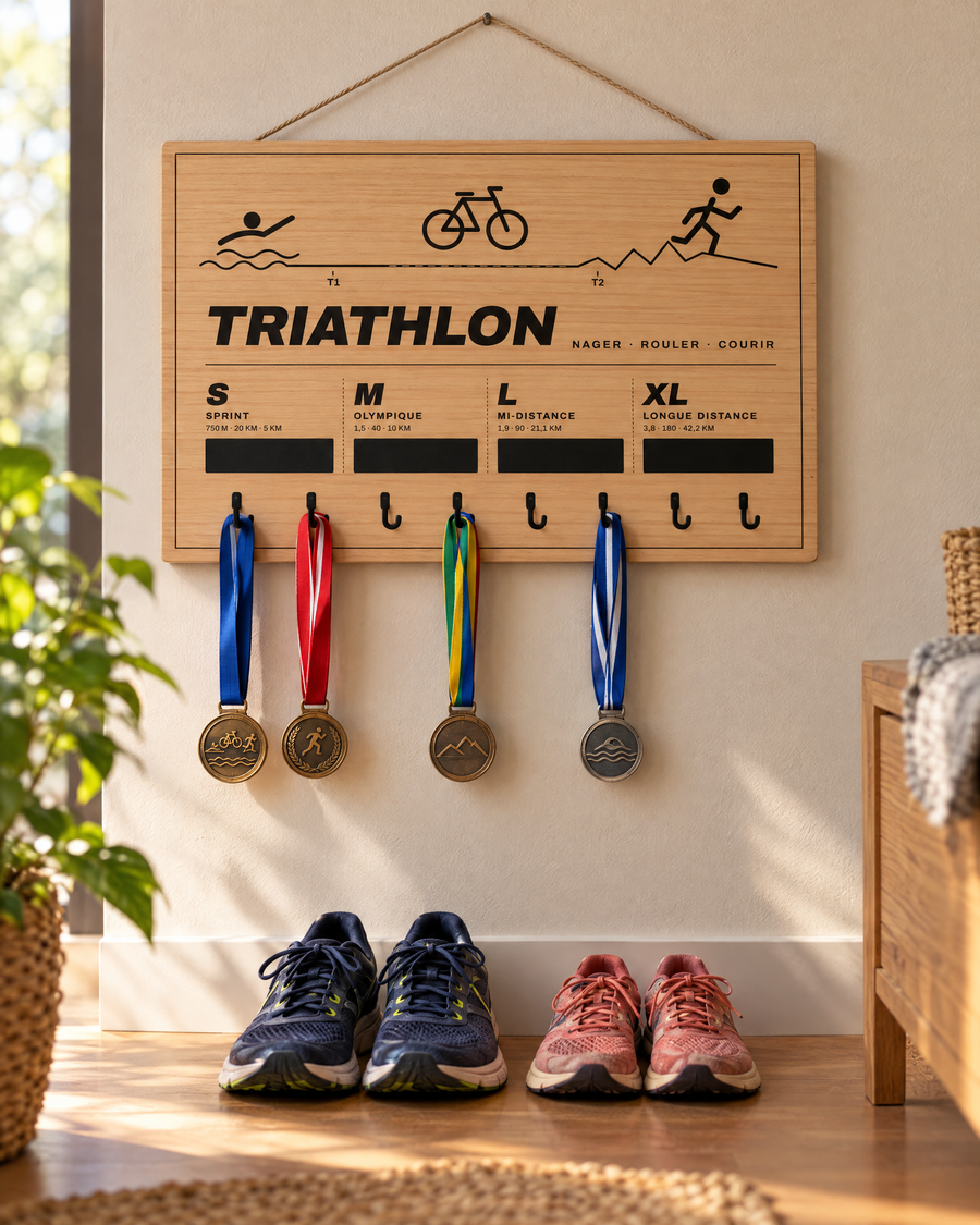 Tableau porte-médailles Triathlon en bois gravé au laser, Finisher Board (visuel d’ambiance) 7