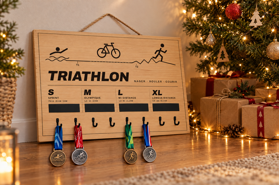Tableau porte-médailles Triathlon en bois gravé au laser, Finisher Board (visuel d’ambiance) 8