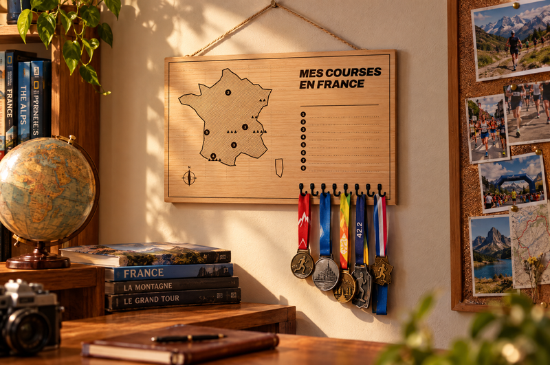 Tableau porte-médailles Carte de France en bois gravé au laser, Finisher Board (visuel d’ambiance) 1