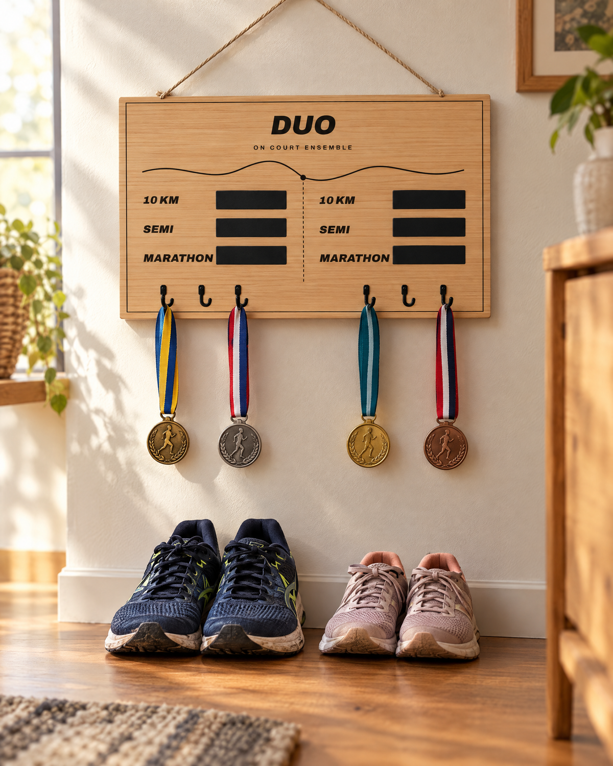 Tableau porte-médailles Duo en bois gravé au laser, Finisher Board (visuel d’ambiance) 1