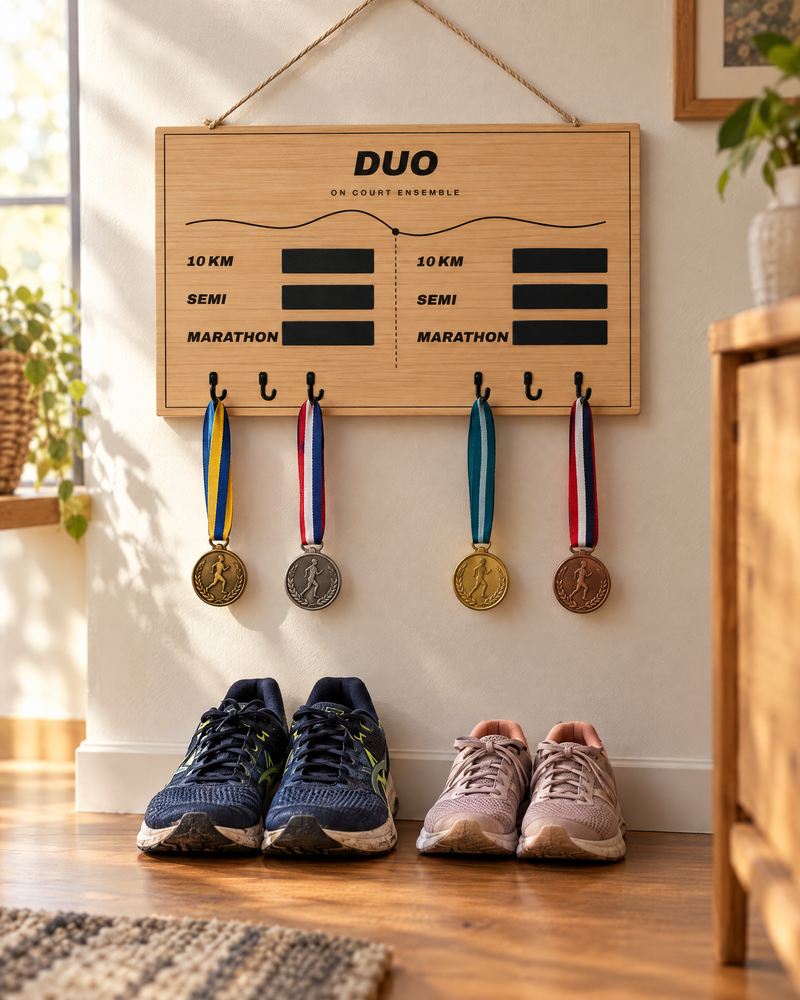 Tableau porte-médailles Duo en bois gravé au laser, Finisher Board (visuel d’ambiance) 1