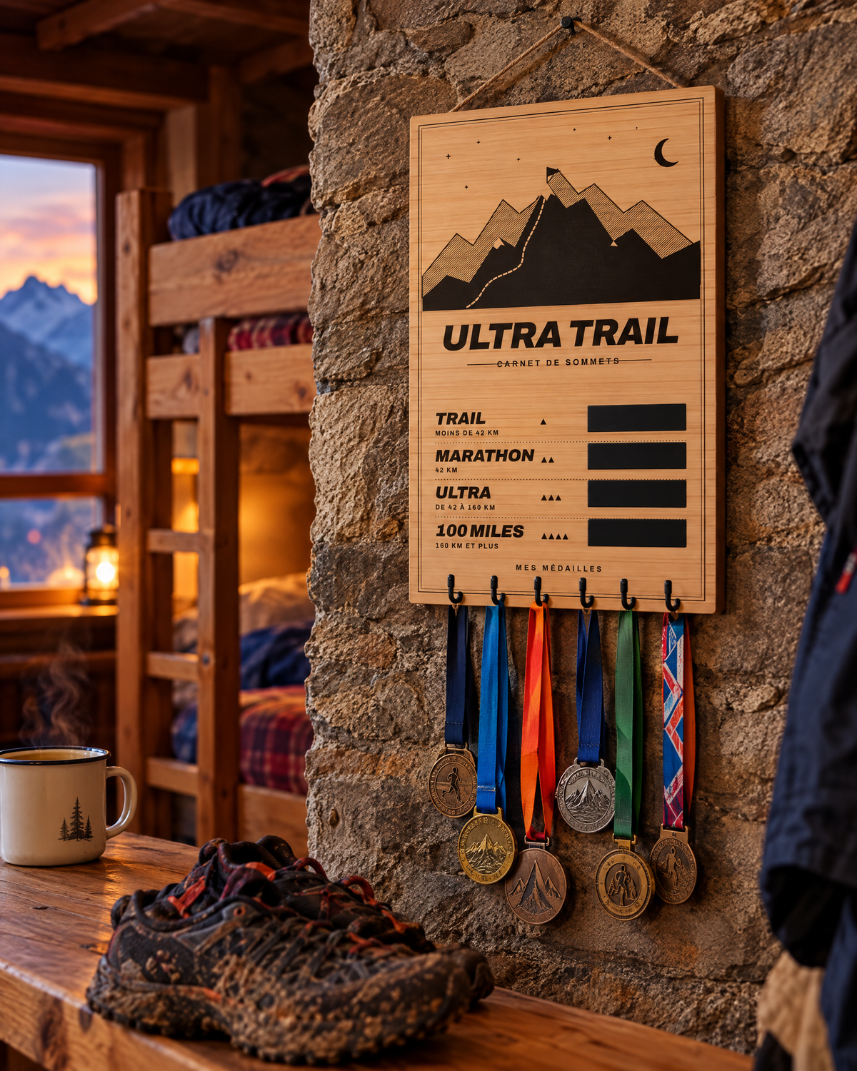 Tableau porte-médailles Ultra Trail en bois gravé au laser, Finisher Board (visuel d’ambiance) 1