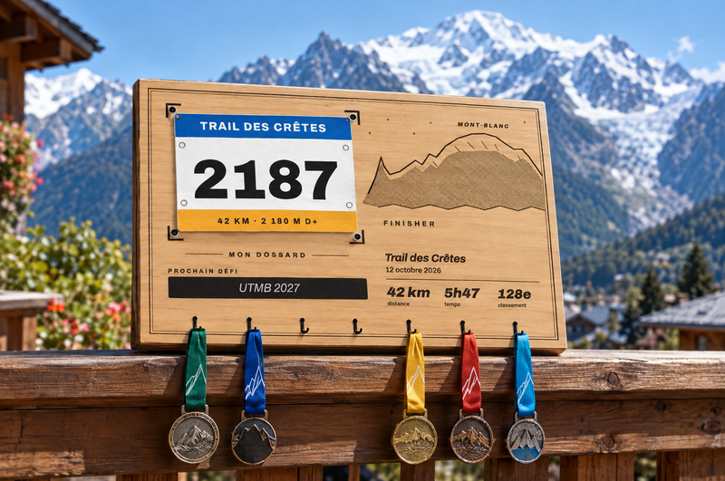 Tableau porte-médailles Dossard Mont-Blanc en bois gravé au laser, Finisher Board (visuel d’ambiance) 1