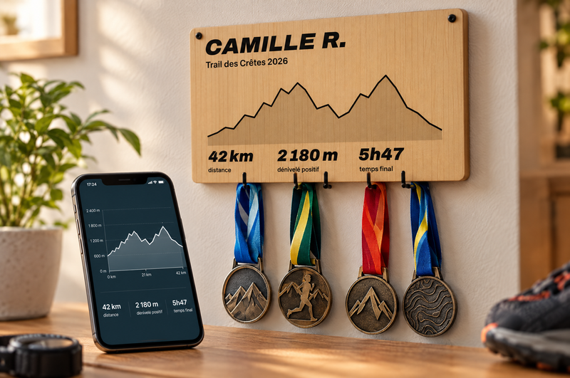 Tableau porte-médailles Signature personnalisé en bois gravé au laser, Finisher Board (visuel d’ambiance) 1
