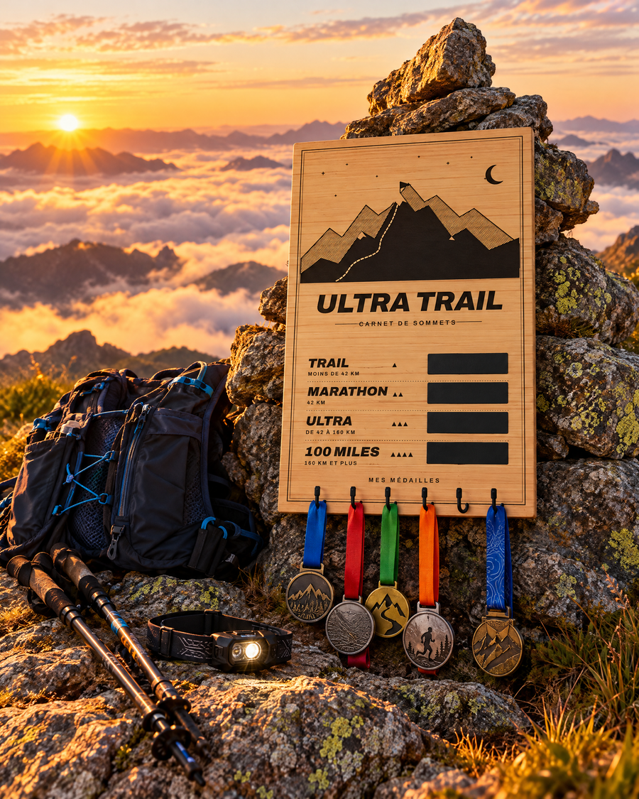 Tableau porte-médailles Ultra Trail en bois gravé au laser, Finisher Board (visuel d’ambiance) 2