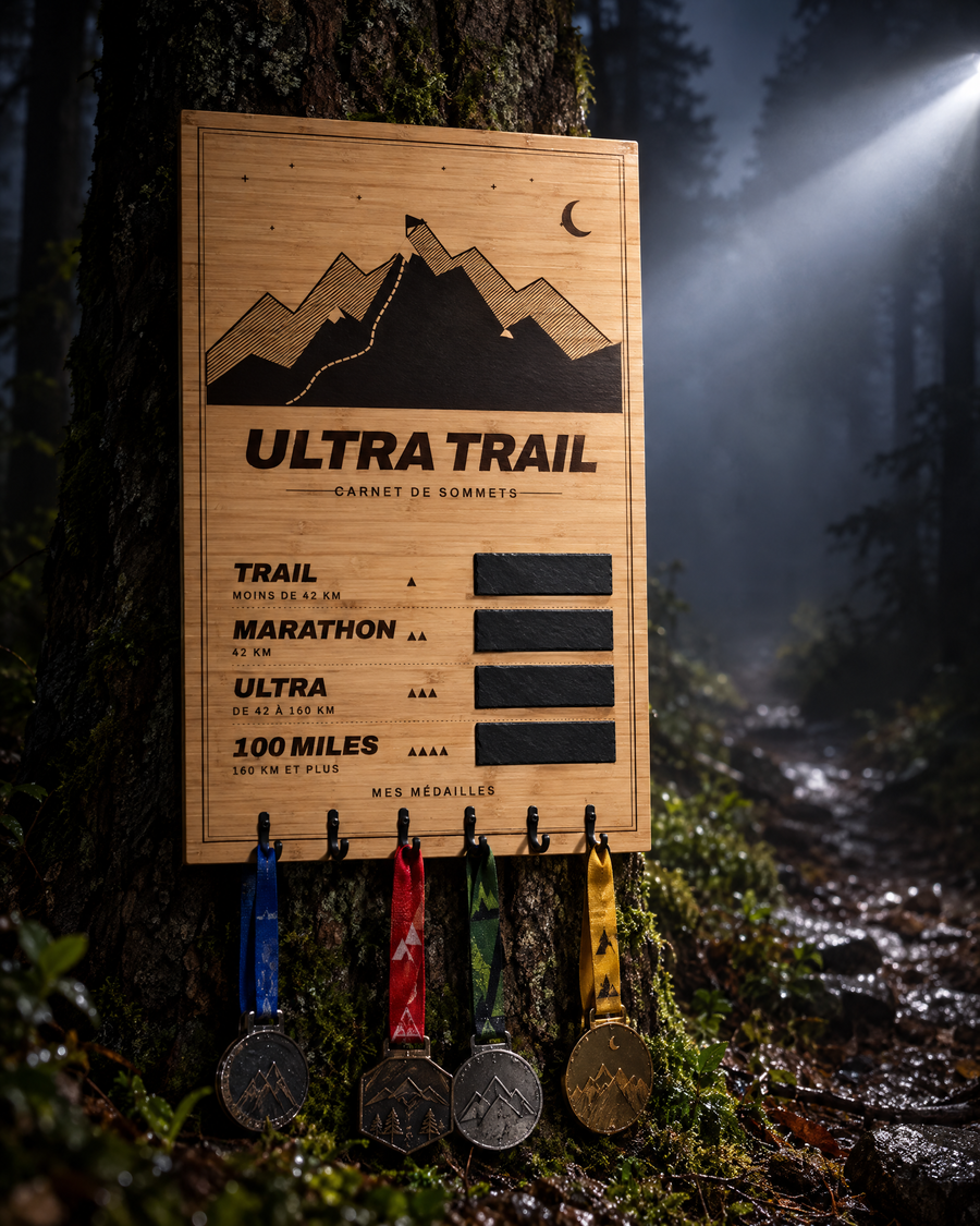 Tableau porte-médailles Ultra Trail en bois gravé au laser, Finisher Board (visuel d’ambiance) 3