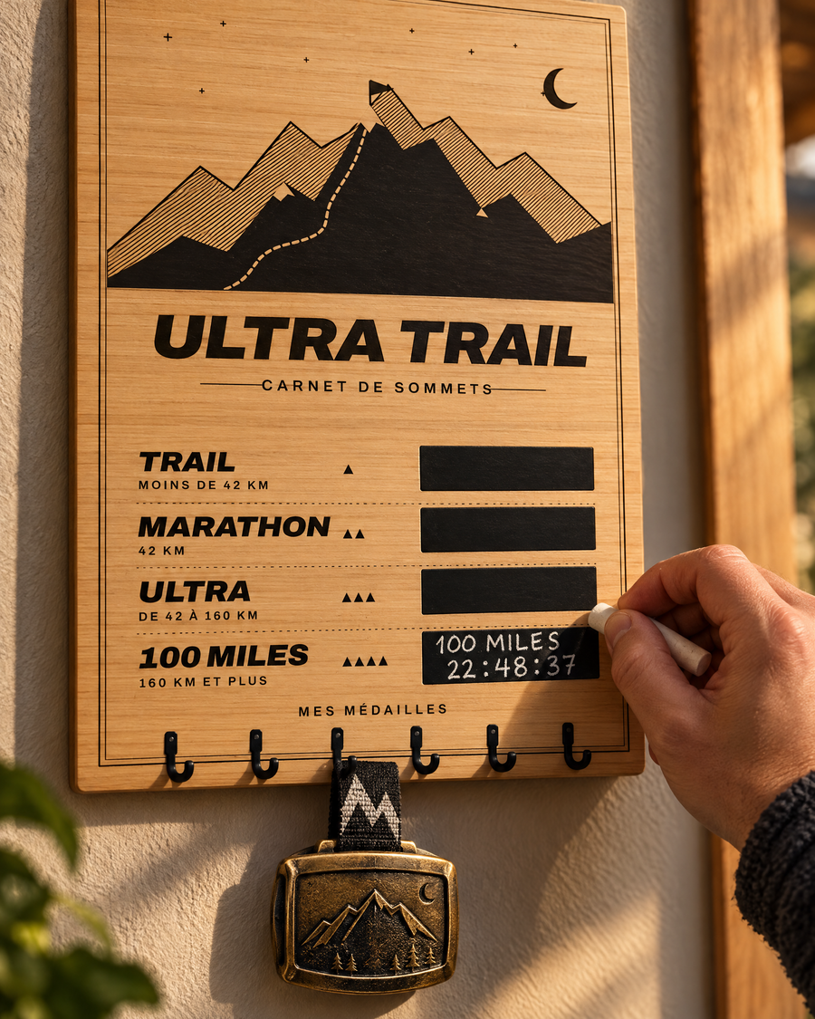 Tableau porte-médailles Ultra Trail en bois gravé au laser, Finisher Board (visuel d’ambiance) 5