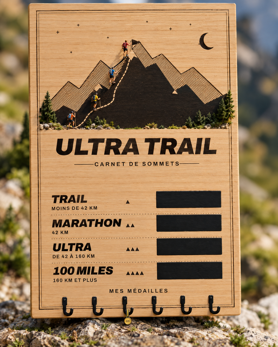 Tableau porte-médailles Ultra Trail en bois gravé au laser, Finisher Board (visuel d’ambiance) 4