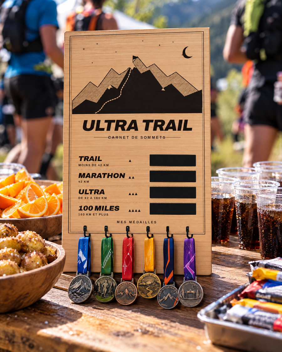 Tableau porte-médailles Ultra Trail en bois gravé au laser, Finisher Board (visuel d’ambiance) 6