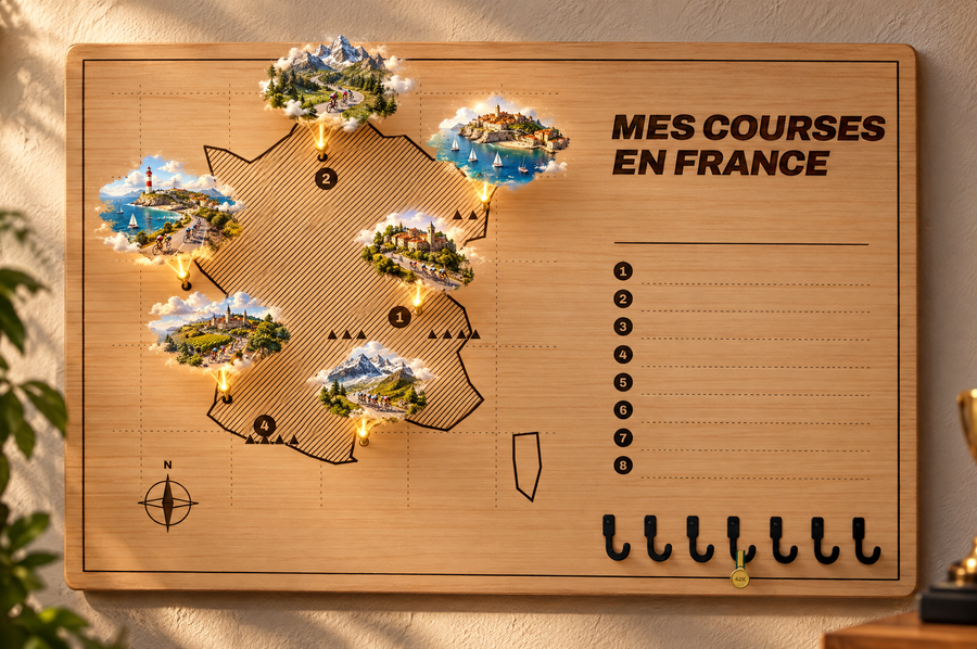 Tableau porte-médailles Carte de France en bois gravé au laser, Finisher Board (visuel d’ambiance) 4
