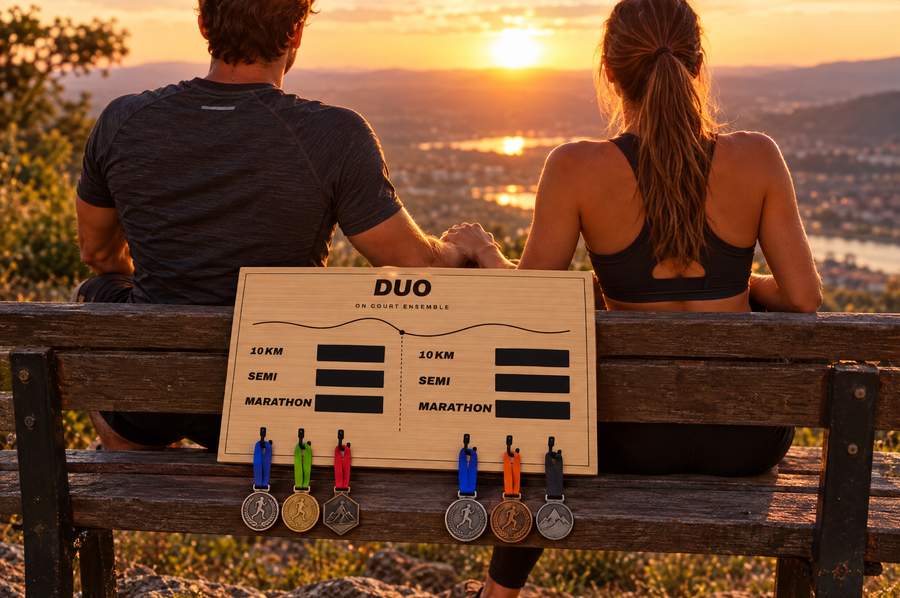 Tableau porte-médailles Duo en bois gravé au laser, Finisher Board (visuel d’ambiance) 3