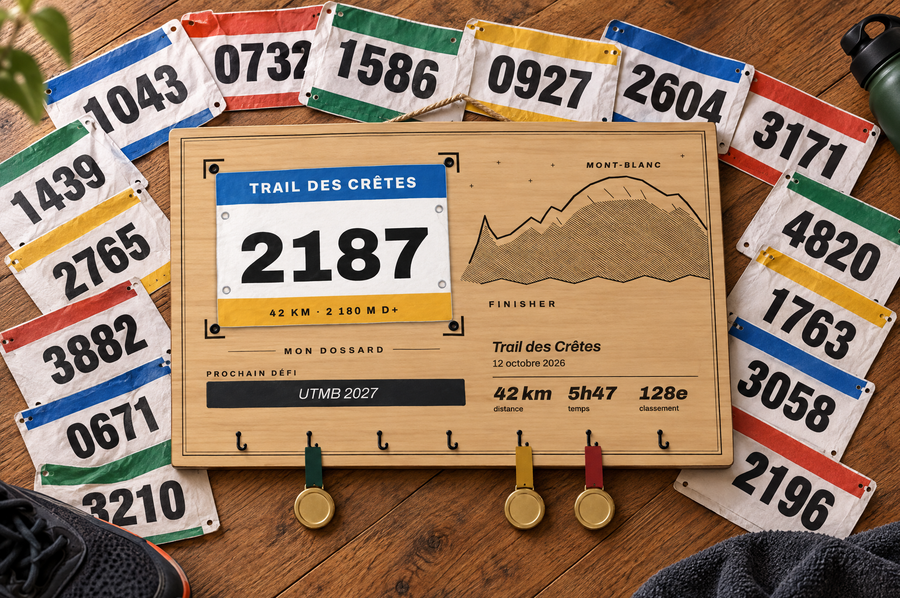Tableau porte-médailles Dossard Mont-Blanc en bois gravé au laser, Finisher Board (visuel d’ambiance) 2