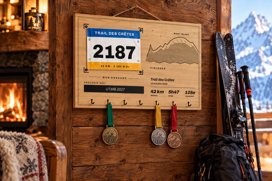 Tableau porte-médailles Dossard Mont-Blanc en bois gravé au laser, Finisher Board (visuel d’ambiance) 3