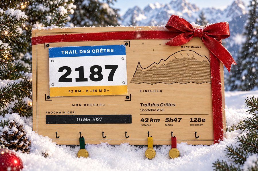 Tableau porte-médailles Dossard Mont-Blanc en bois gravé au laser, Finisher Board (visuel d’ambiance) 5